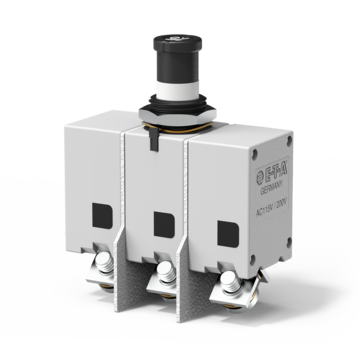 Typ 583 von E-T-A： Dreipoliger， thermischer Schutzschalter mit Gewindehalsbefestigung und Druck/Zug-Bet?tigung.